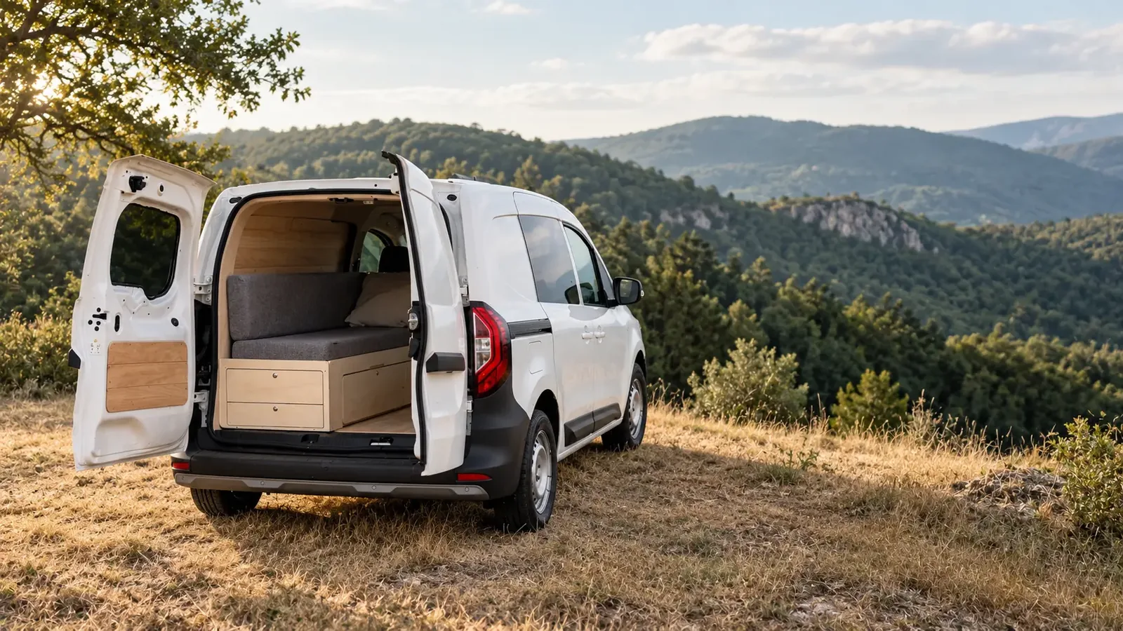 Renault Kangoo Vanleaf vu de trois-quarts arrière, aménagement bois ouvert sur un paysage verdoyant